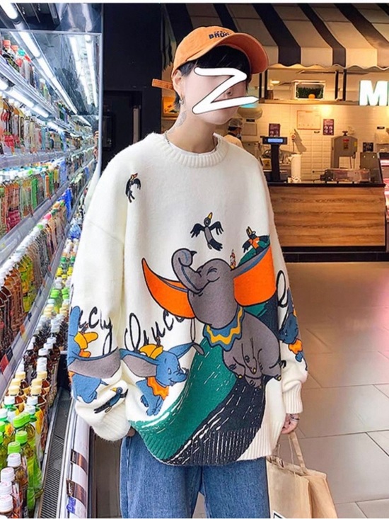 Cream Cartoon Elephant Oversized Sweater with Orange Accents - Picture 2 of 7